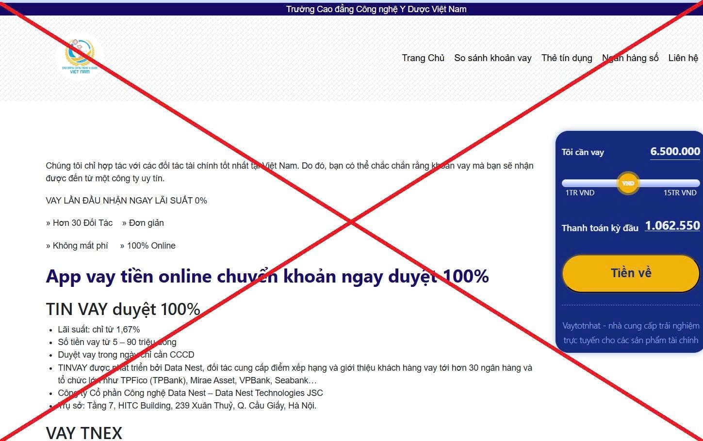 Cảnh báo website giả mạo Trường Cao đẳng Công nghệ Y - Dược Việt Nam để cho vay tiền